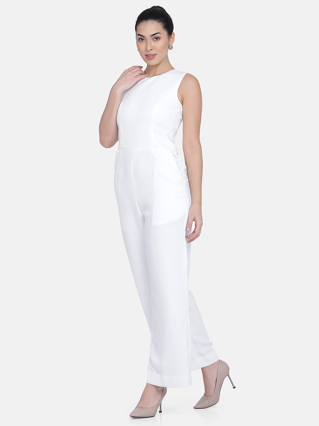 

PowerSutra Poly Crepe White Lined Round Neck Jumpsuit