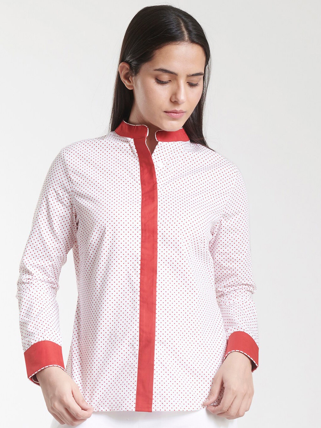 

PowerSutra Women White Printed Mandarin Collar Casual Shirt