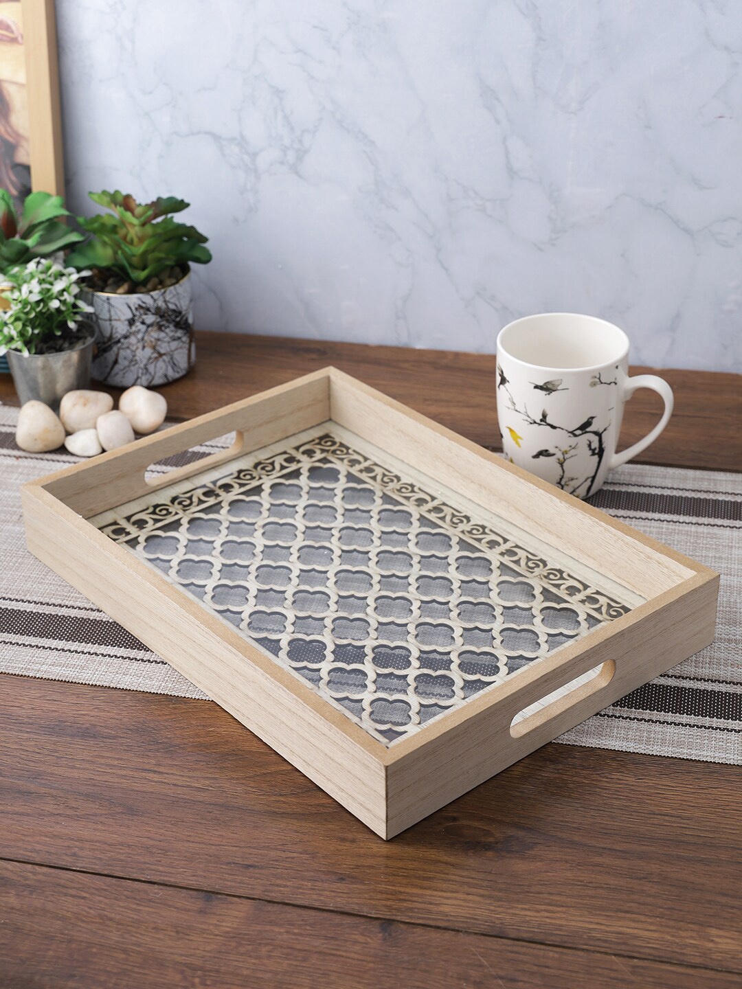 

TAYHAA Beige Colored Cutwork Wooden Tray