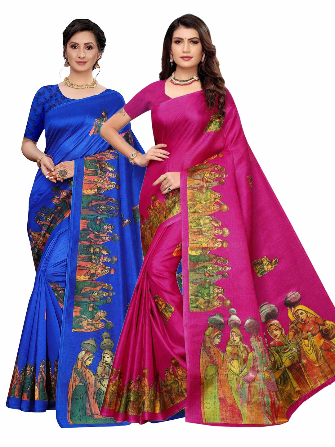 

AADVIKA Blue & Pink Mysore Art Silk Saree Pack Of 2