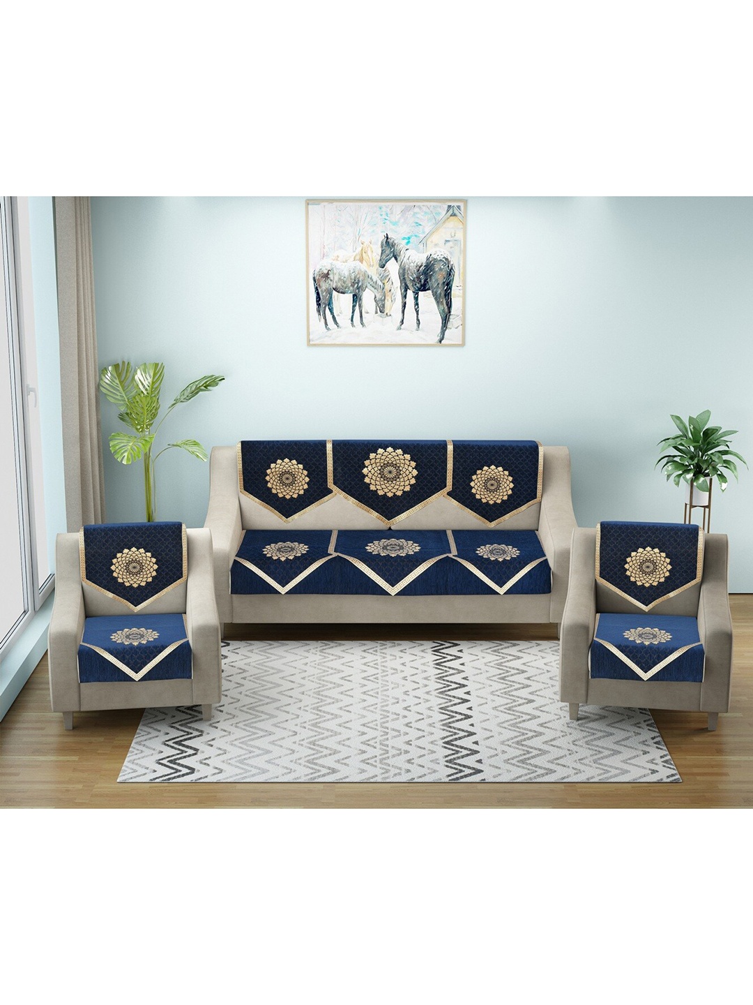 

MULTITEX Blue & Beige 10 Pieces Printed 5 Seater Sofa Covers