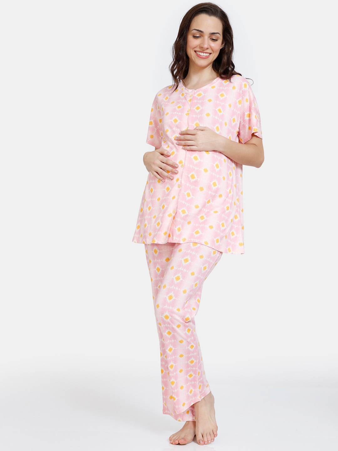 

Zivame Women Maternity Pink & Yellow Printed Night suit
