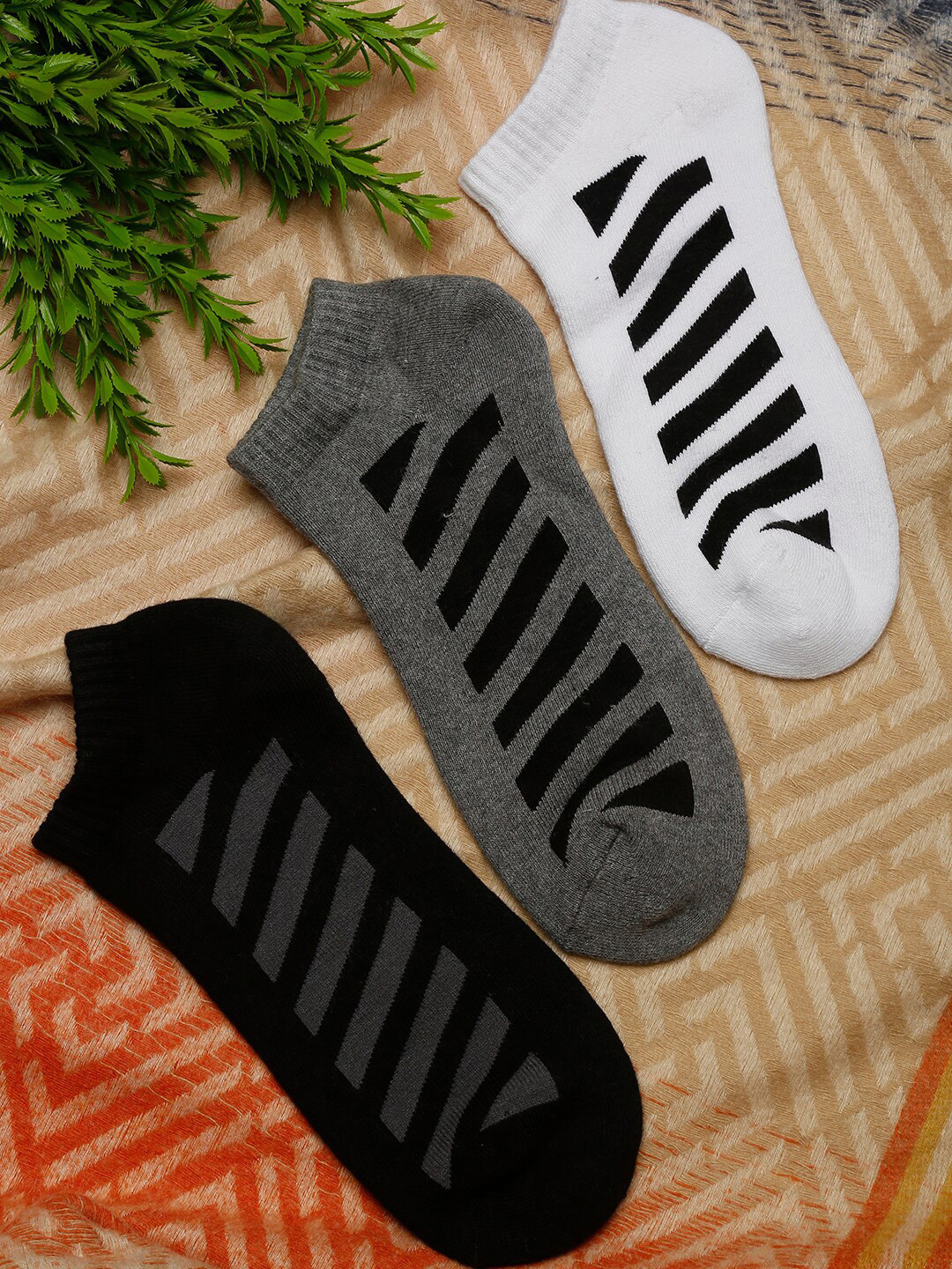 

MUTAQINOTI Men Pack Of 3 Striped Ankle-Length Cotton Antimicrobial Socks, Black