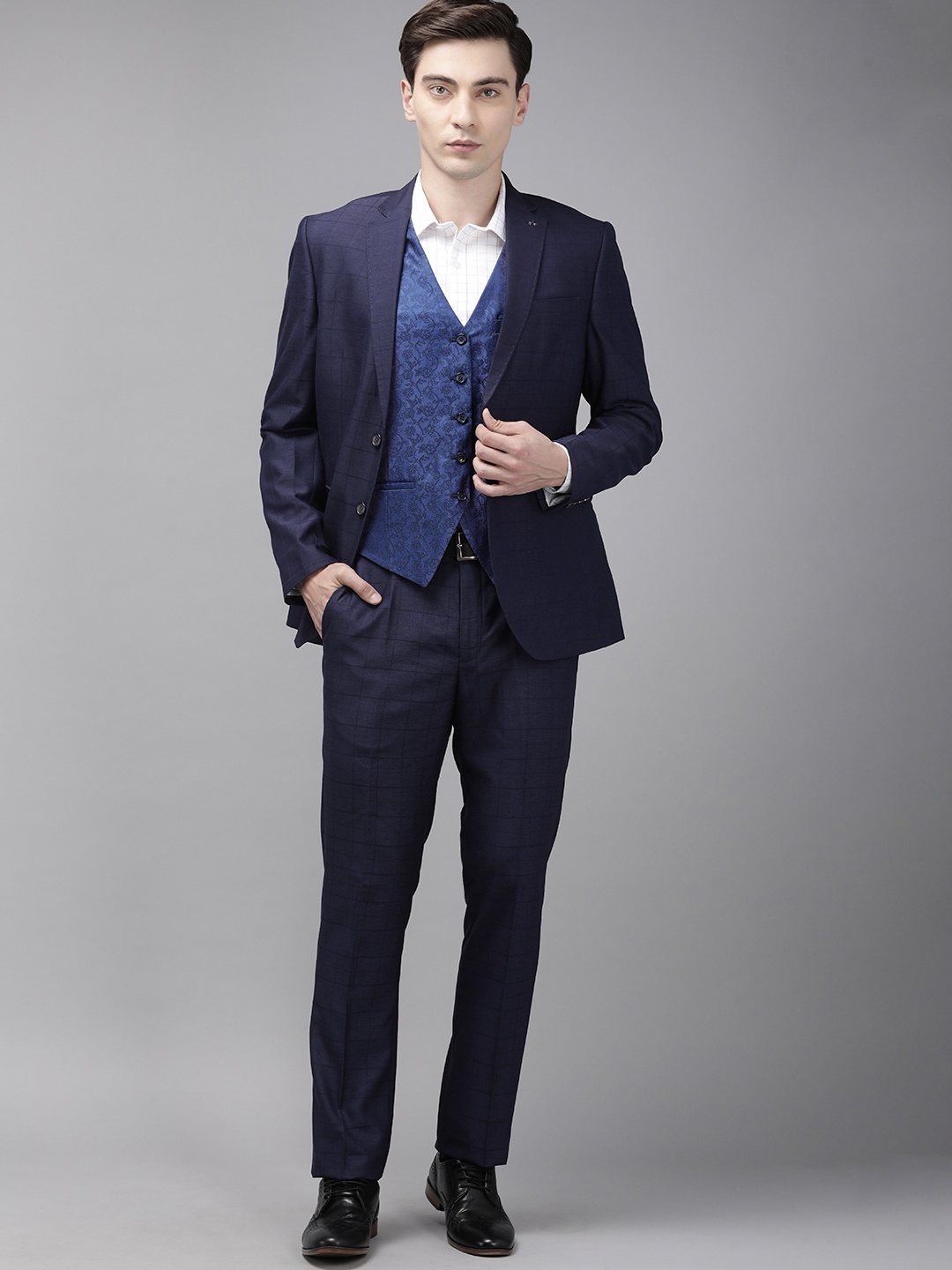 

Arrow Men Navy Blue Checked Tailored Fit 3-Piece Single-Breasted Formal Suit