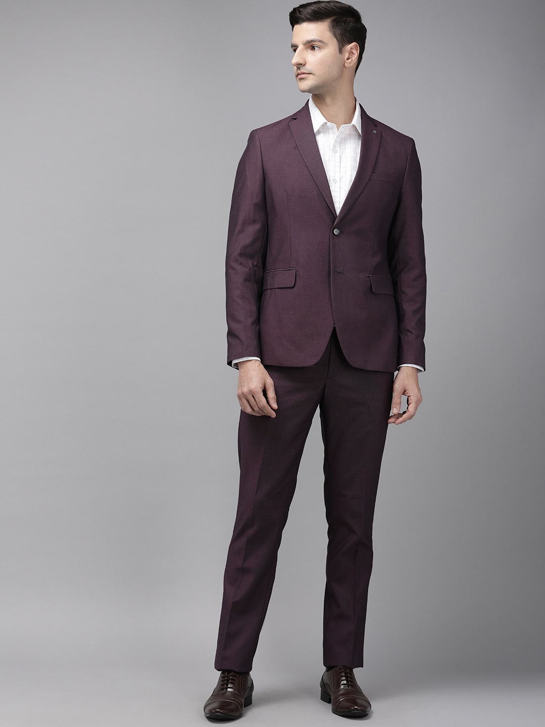 

Arrow Men Burgundy Self Design Single Breasted Formal Suit