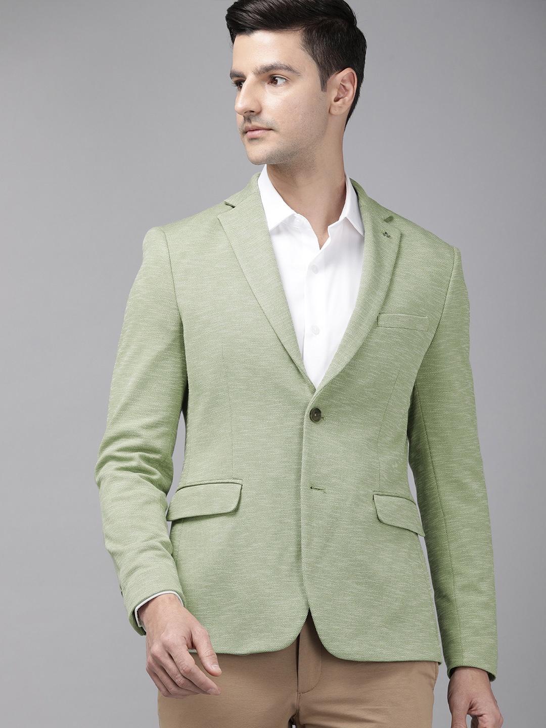 

Arrow Men Light Green Self Design Single Breasted Casual Blazer