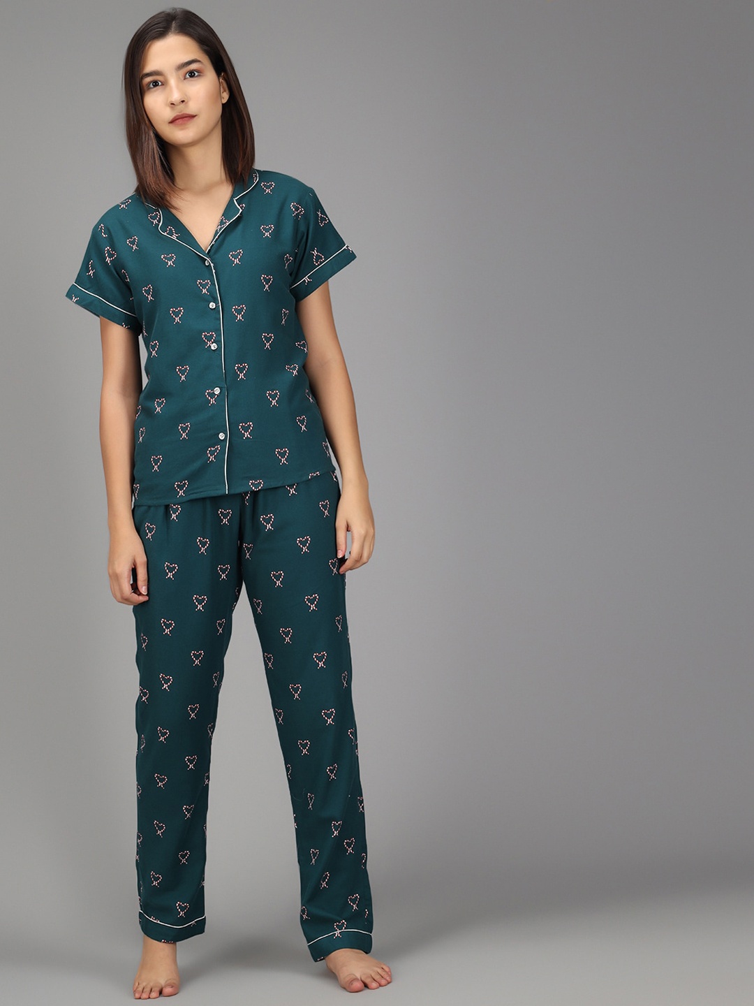 

SEPHANI Women Green Printed Night suit SP-NS-HRT-GRN-1702_S-GREEN