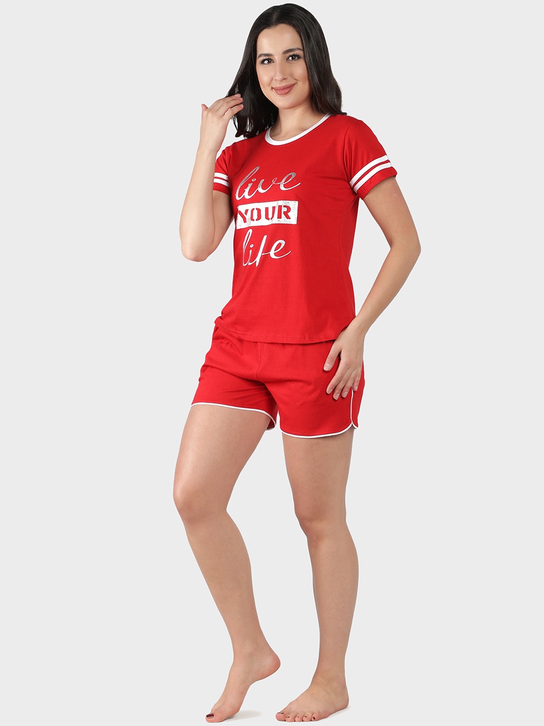 

SEPHANI Women Red Printed Pure Cotton Shorts Night suit