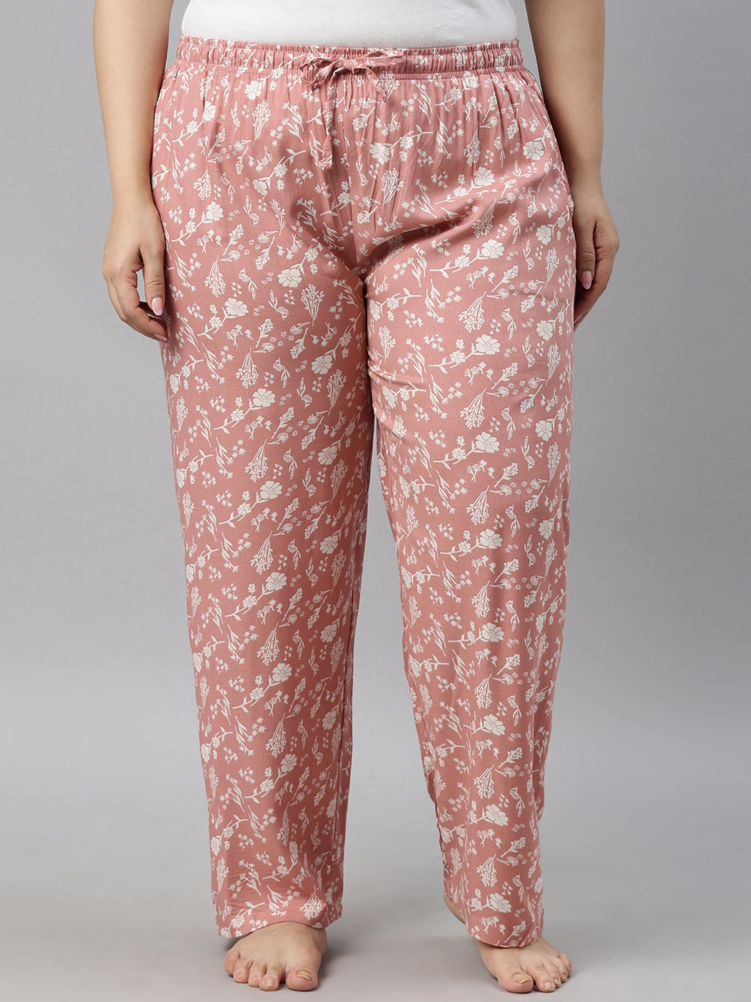 

Go Colors Plus Size Women Pink & White Floral Printed Lounge Pants