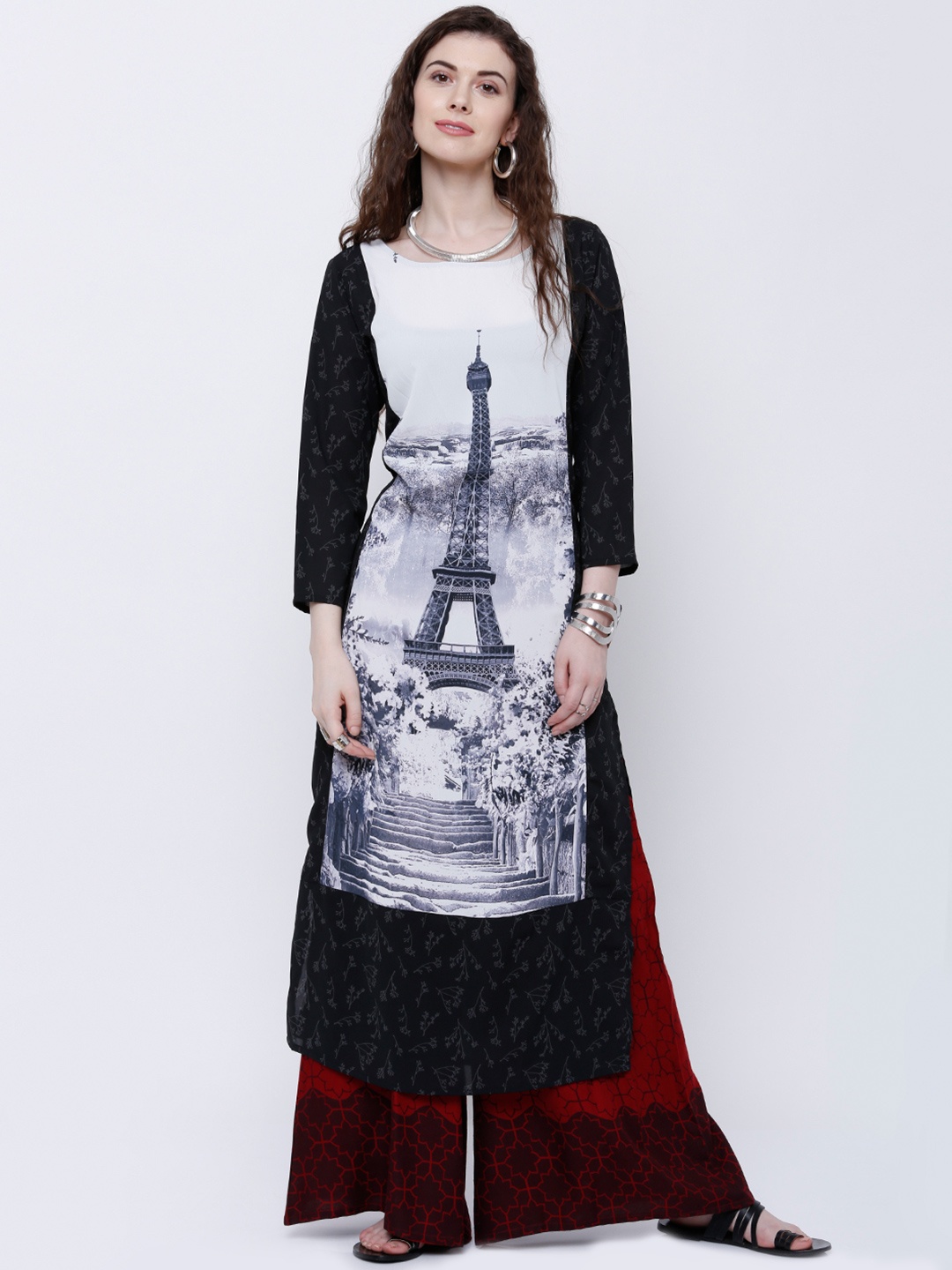 

Vishudh Women Black & White Printed Straight Kurta