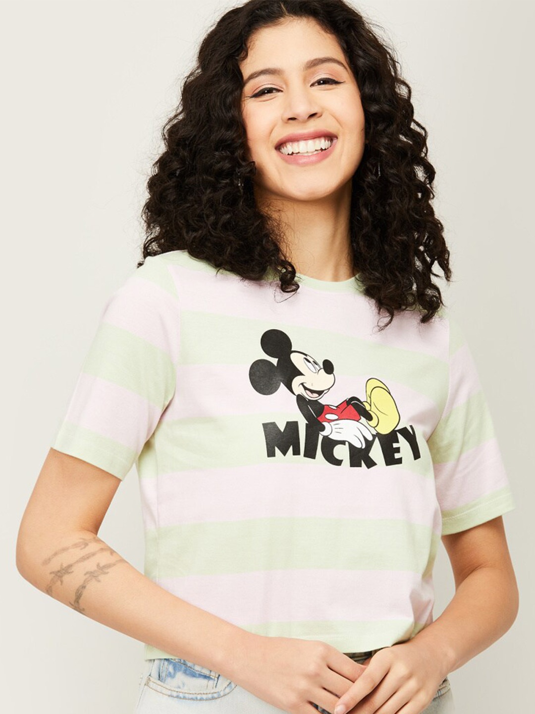 

Ginger by Lifestyle Green & White Graphic Printed Striped Top