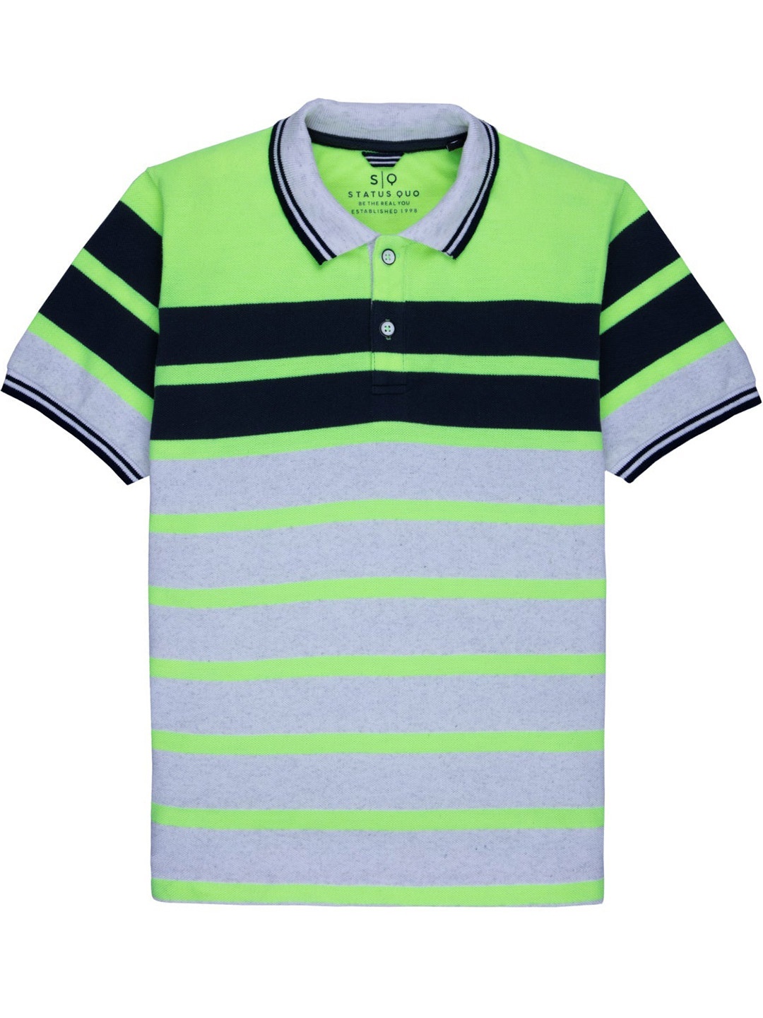 

Status Quo Boys Fluorescent Green & Grey Melange Striped Polo Collar T-shirt