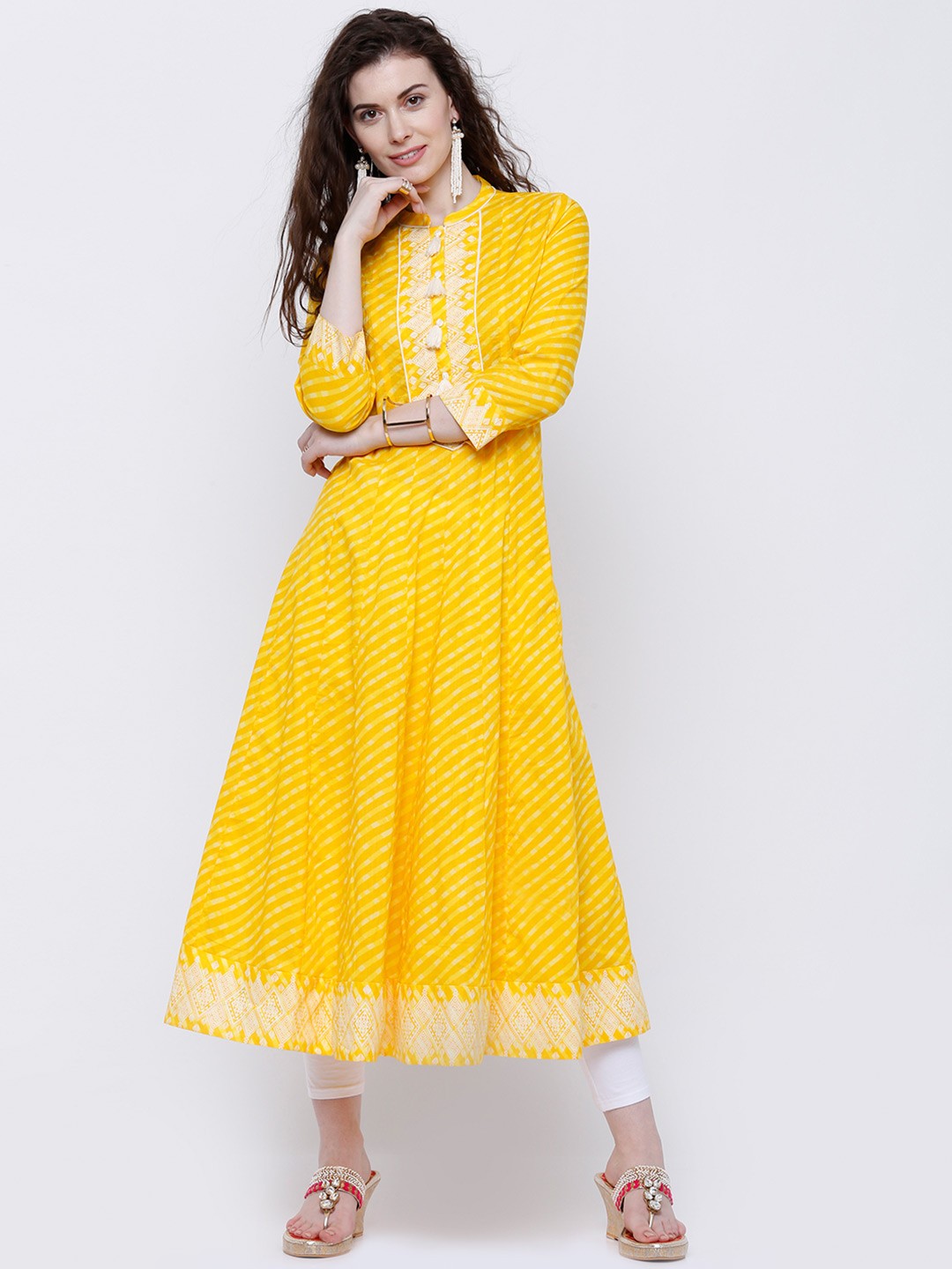 

Vishudh Women Yellow Leheriya Print Anarkali Kurta
