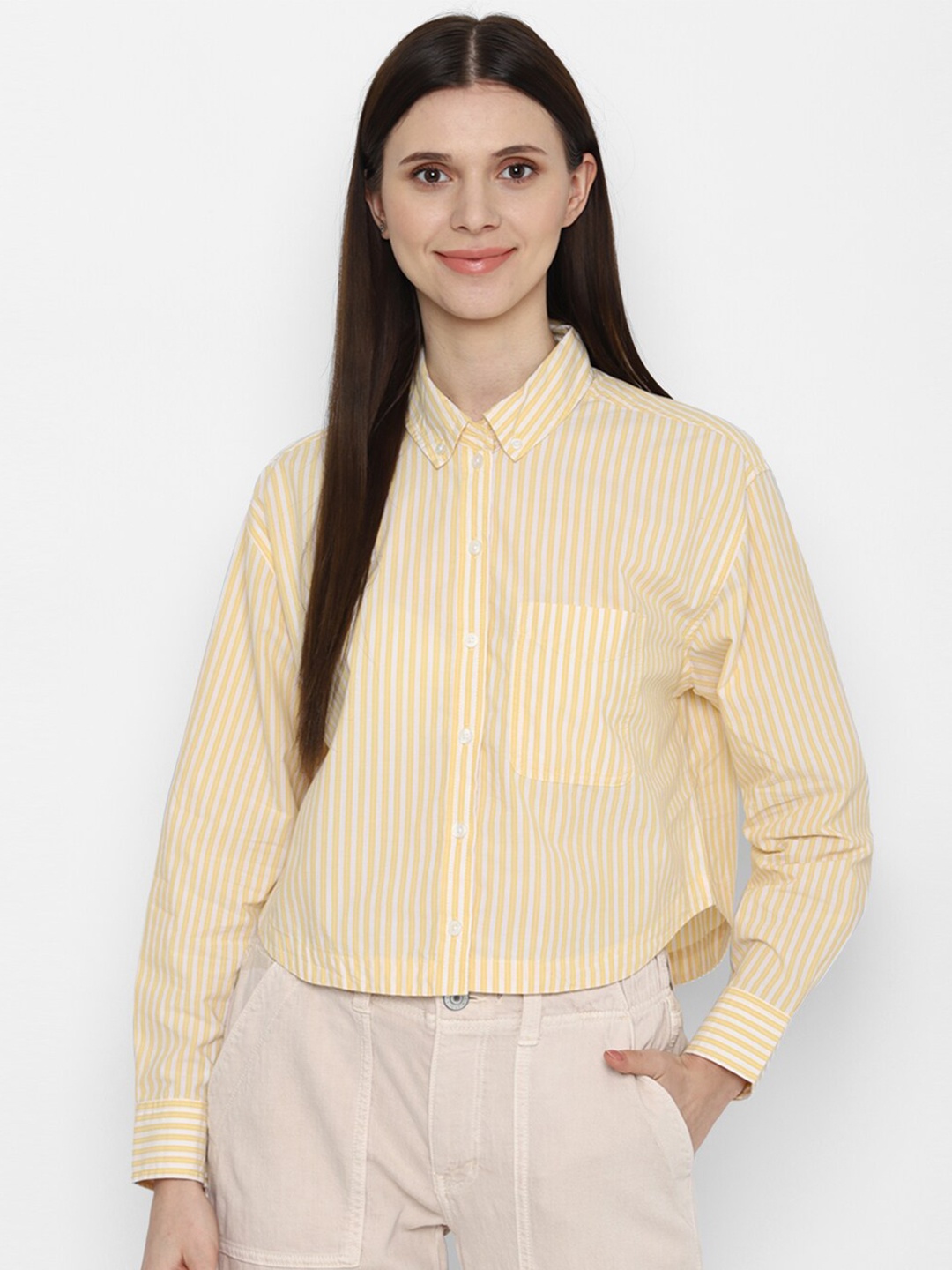 

AMERICAN EAGLE OUTFITTERS Women Yellow Striped Pure Cotton Casual Shirt