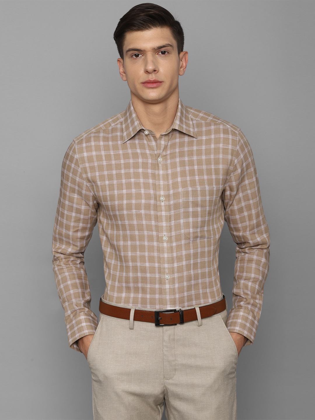 

Louis Philippe Men Khaki Checked Formal Shirt