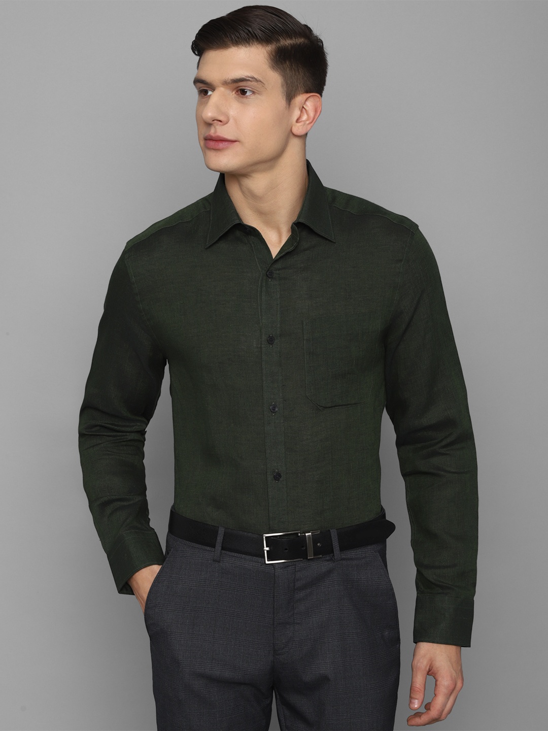 

Louis Philippe Men Olive Green Pure Linen Formal Shirt