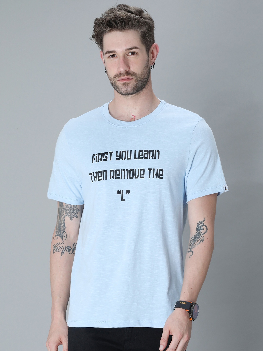 

PLATYPUSS Men Blue Typography Printed Bio Finish Applique T-shirt