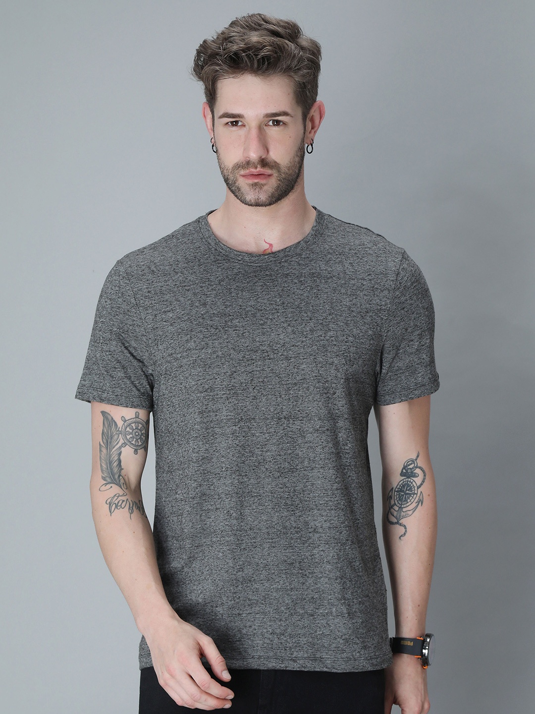 

PLATYPUSS Men Grey Melange Bio Finish Pure Cotton T-shirt