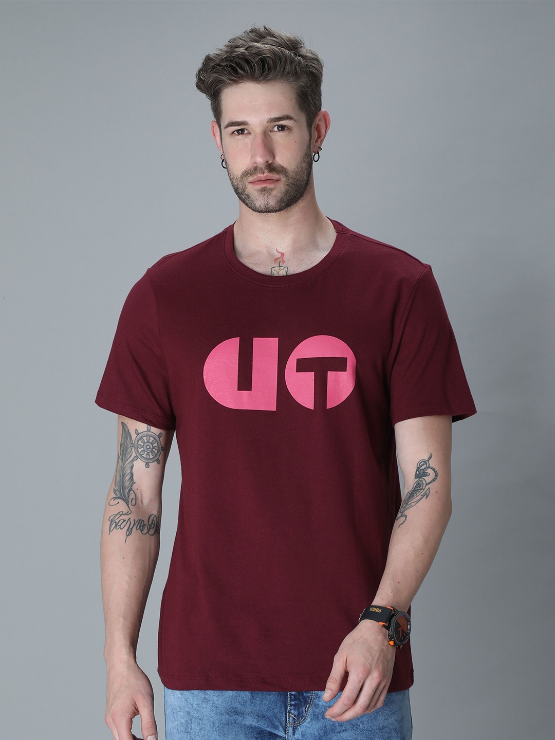 

PLATYPUSS Men Maroon Typography Printed Bio Finish 100% COTTON T-shirt