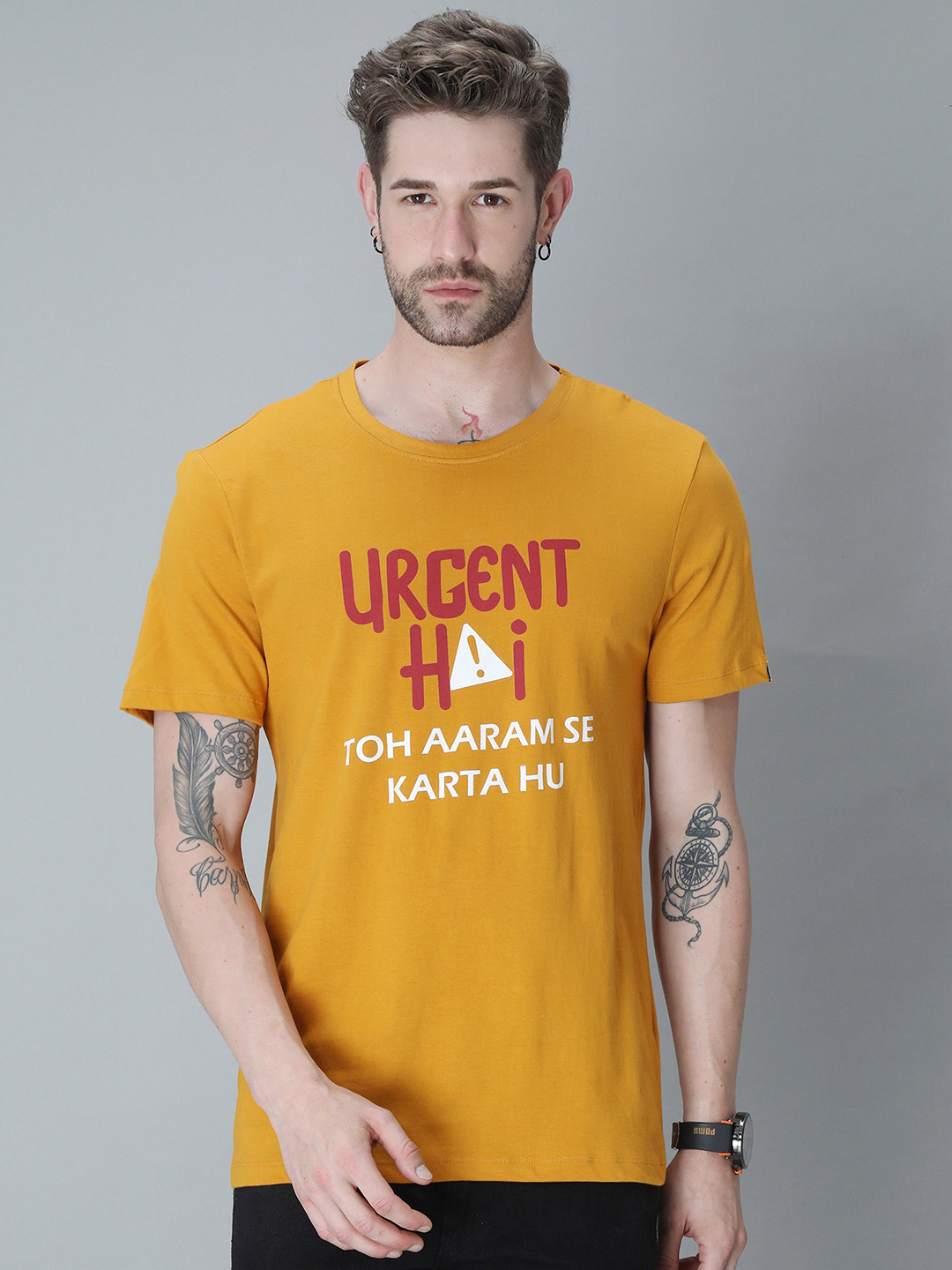 

PLATYPUSS Men Yellow Typography Printed Cotton Bio Finish T-shirt