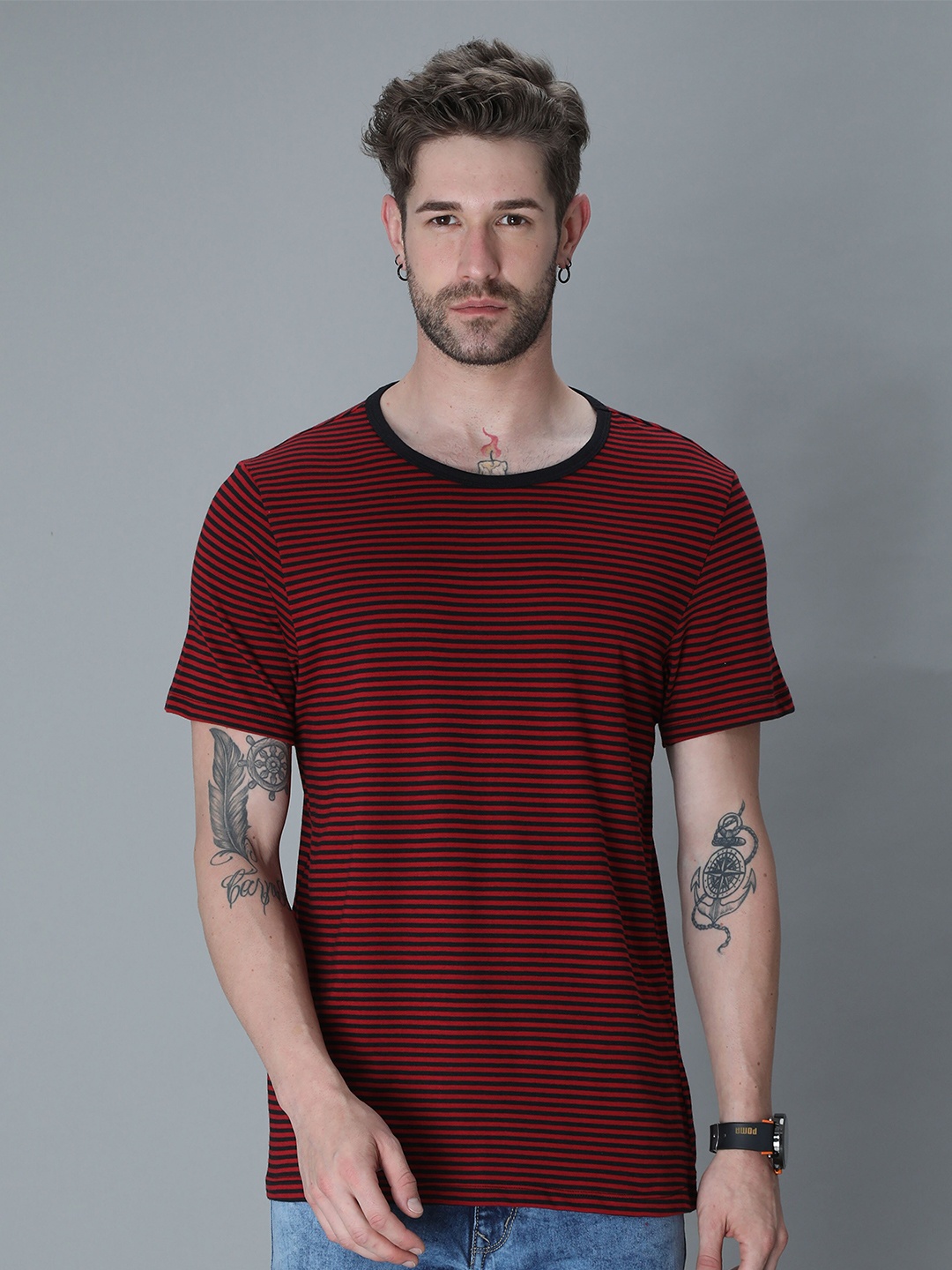 

PLATYPUSS Men Red Striped Bio Finish T-shirt