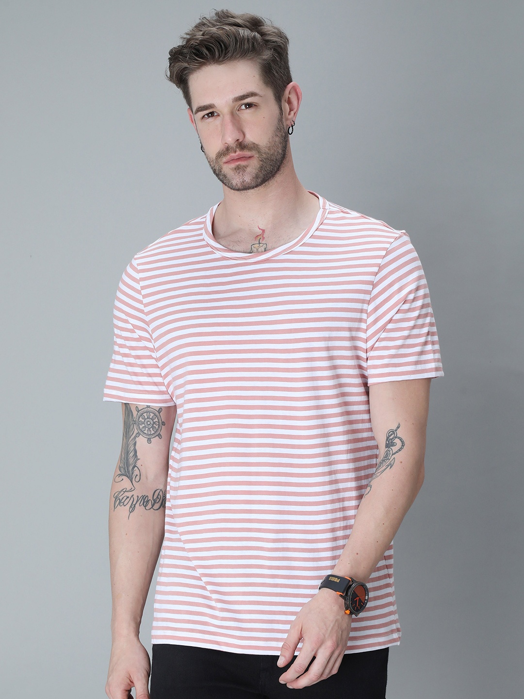 

PLATYPUSS Men White Striped Bio Finish T-shirt