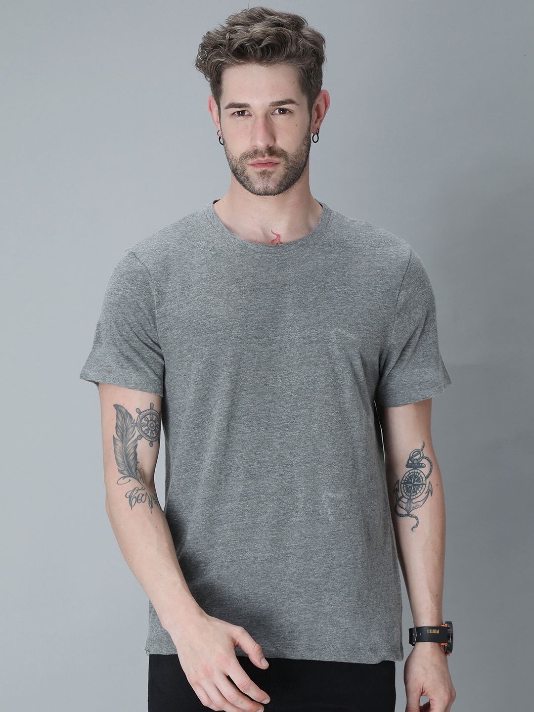 

PLATYPUSS Men Grey Bio Finish100% COTTON T-shirt