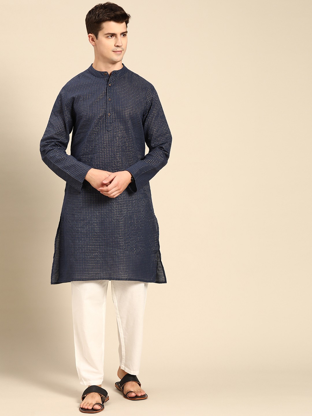 

Anouk Men Navy Blue & Golden Zardozi Pure Cotton Kurta with Pyjamas