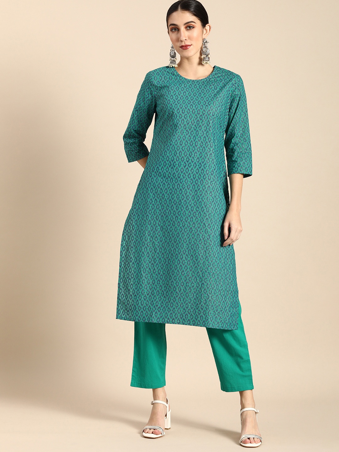 

Anouk Women Teal Ethnic Motifs Printed Pure Cotton Kurta with Trousers