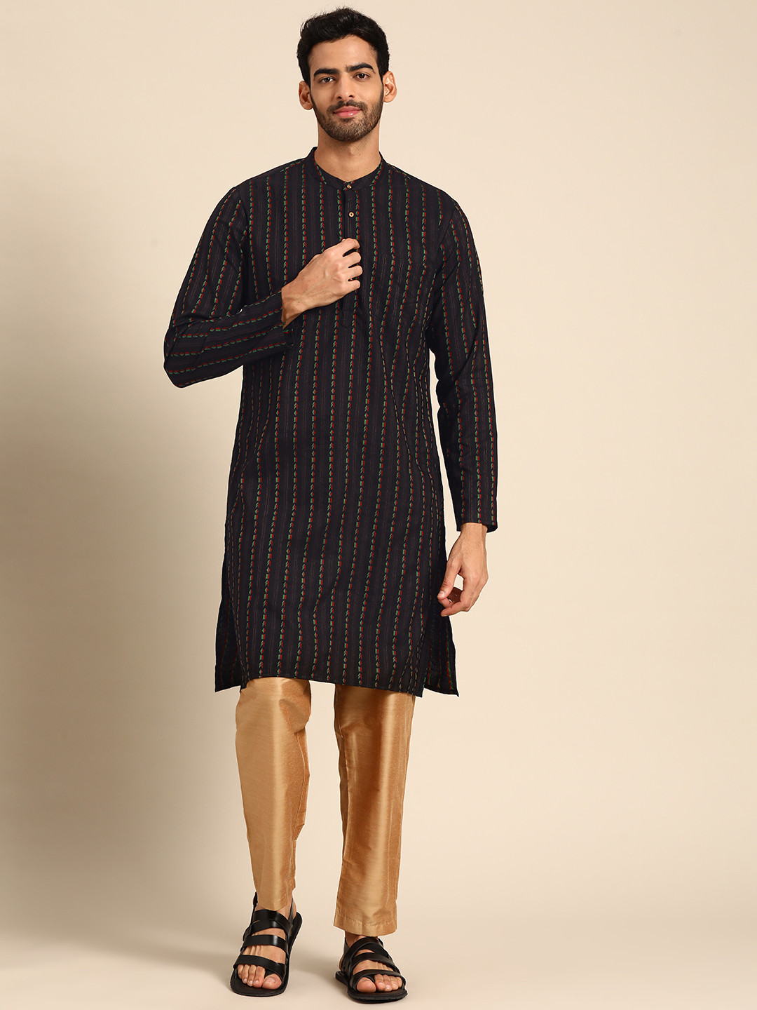 

Anouk Men Black & Beige Woven Design Kurta with Trousers