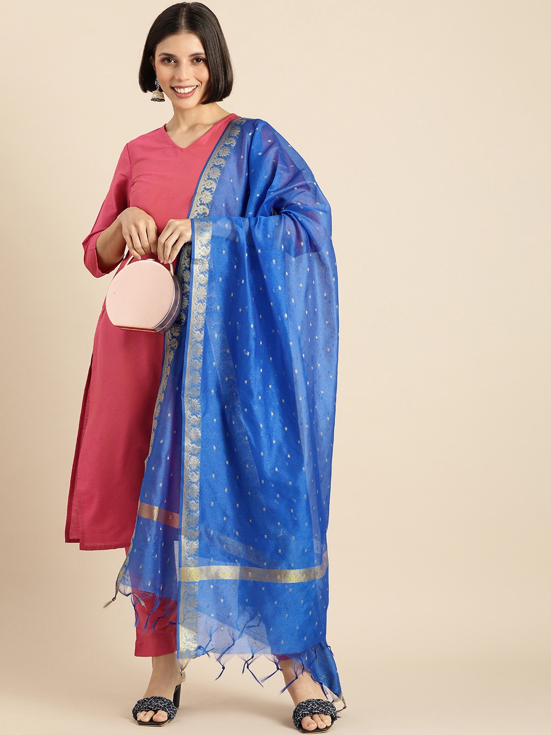 

Anouk Women Coral Red Kurta with Trousers & With Dupatta