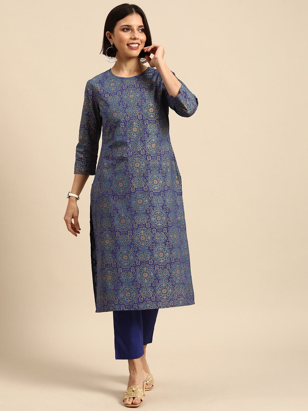 

Anouk Women Navy Blue Printed Pure Cotton Kurta with Trousers