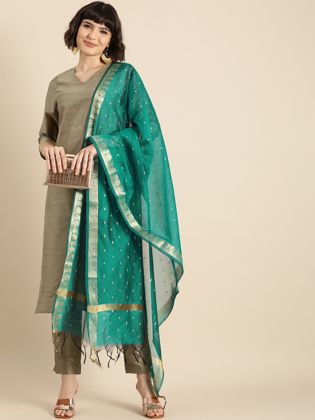 

Anouk Women Beige Kurta with Trousers & With Dupatta