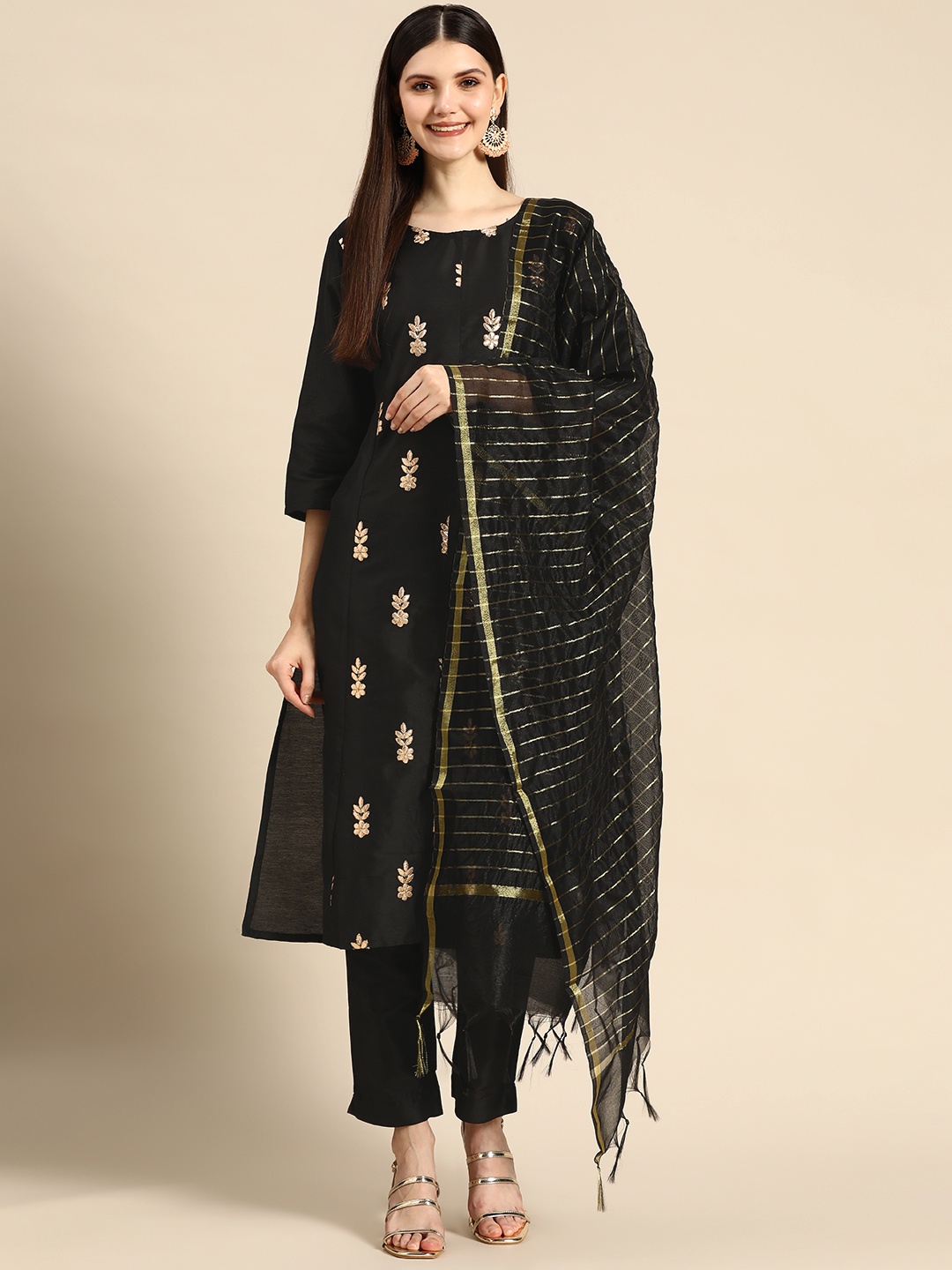 

Anouk Women Black & Golden Gotta Patti Work Straight Kurta with Trousers & Dupatta