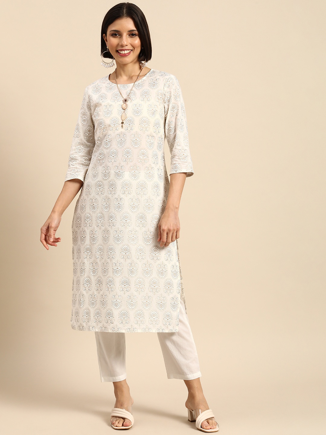 

Anouk Women White Ethnic Motifs Printed Pure Cotton Kurta with Trousers