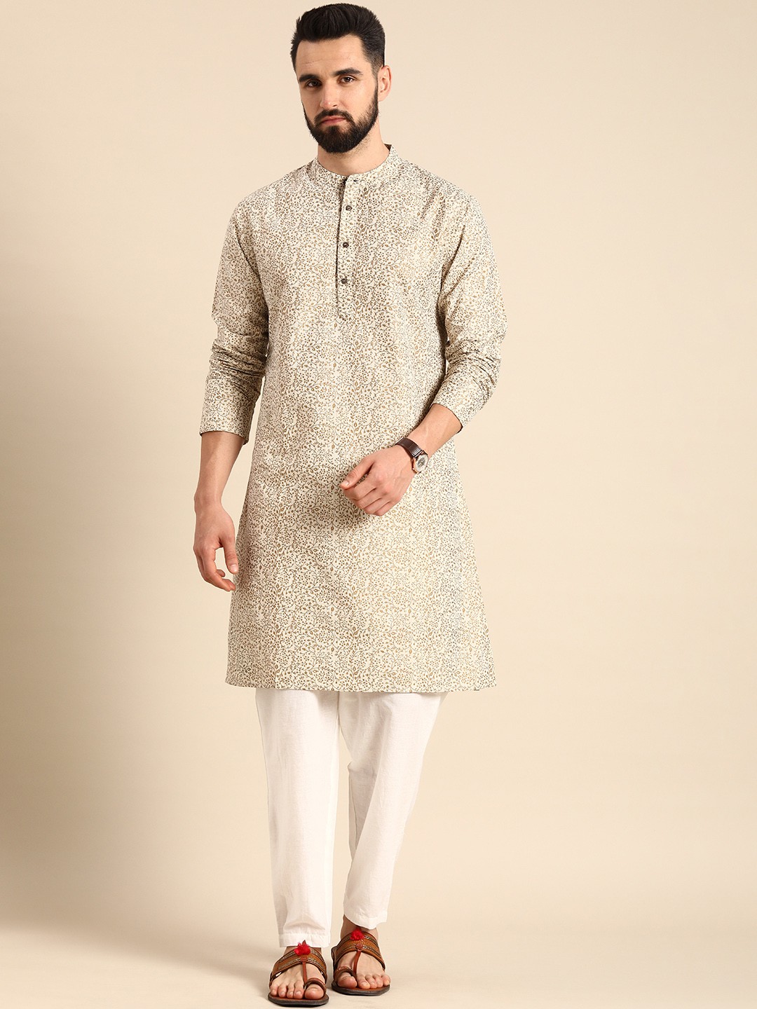 

Anouk Men Off- White & Gold-toned Floral Printed Pure Cotton Kurta with Trousers