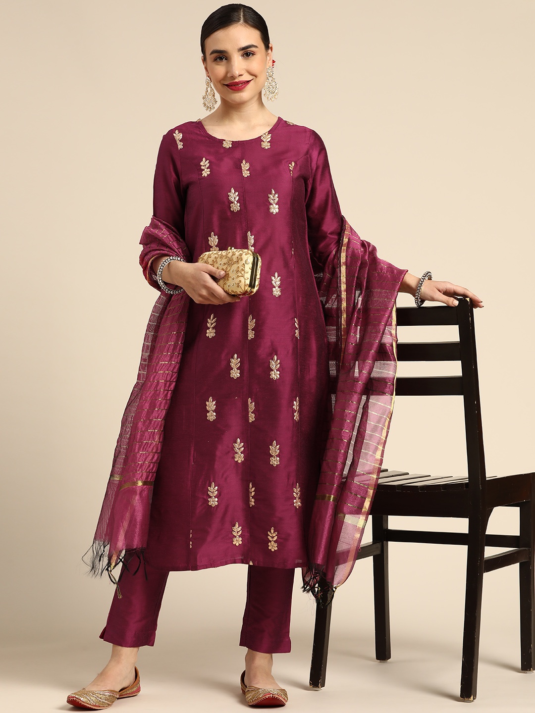 

Anouk Women Magenta Ethnic Motifs Self Design Kurta with Trousers & Dupatta