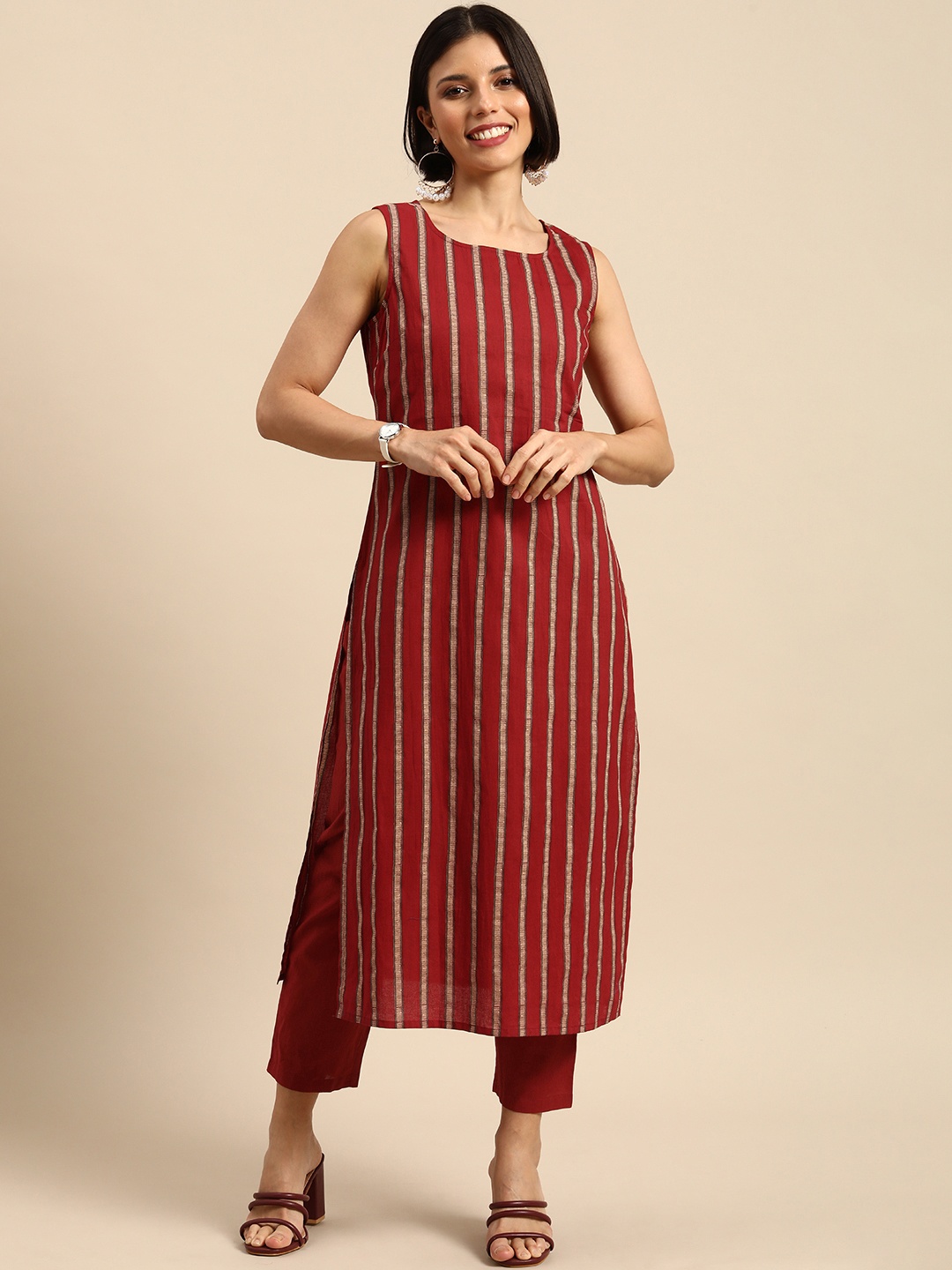 

Anouk Women Red Striped Pure Cotton Kurta with Trousers