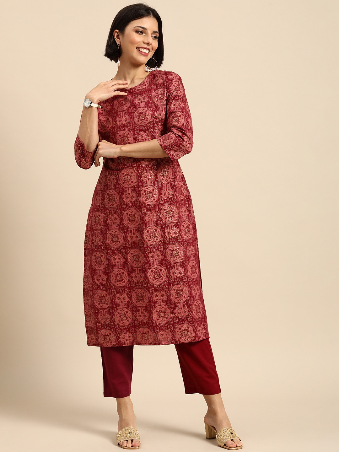 

Anouk Women Maroon Ethnic Motifs Printed Pure Cotton Kurta with Trousers