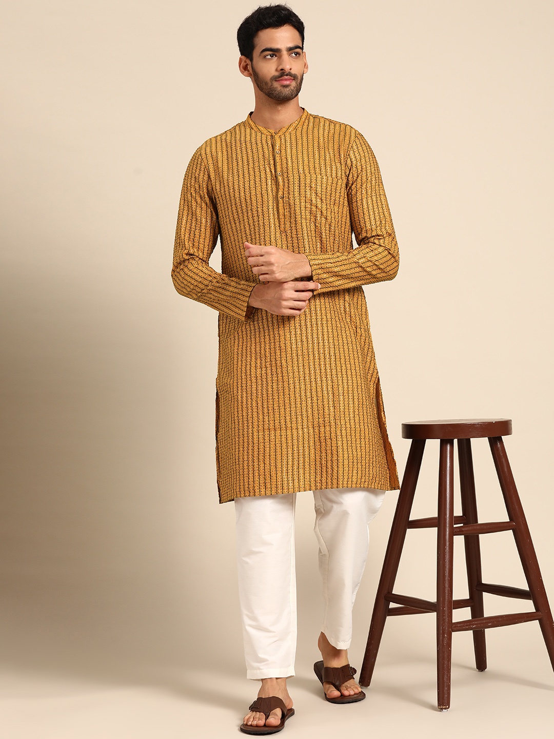 

Anouk Men Mustard Brown & White Woven Design Kurta with Trousers