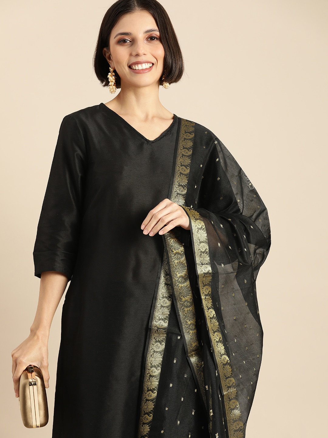 

Anouk Women Black Kurta with Trousers & With Dupatta
