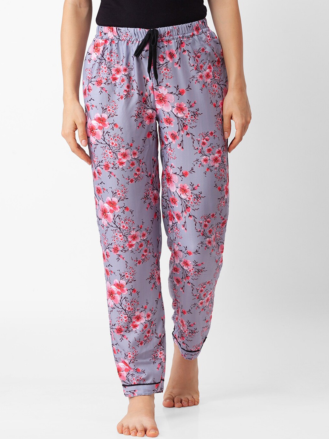 

NOIRA Grey & Pink Floral Printed Cotton Lounge Pants