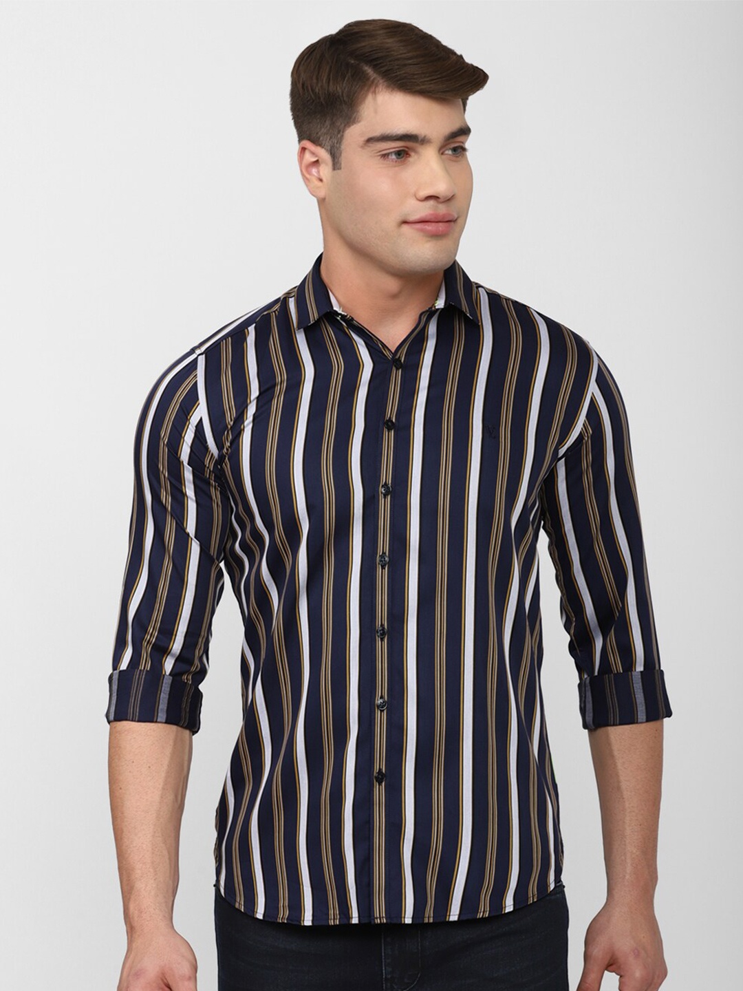 

V Dot Men Navy Blue Slim Fit Striped Casual Shirt