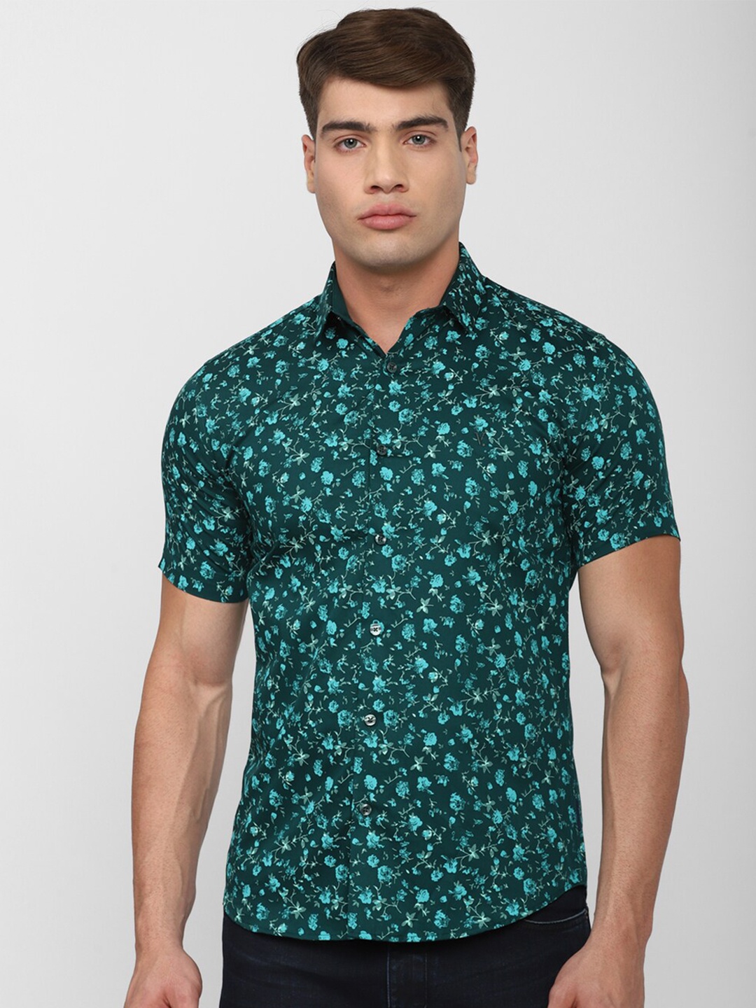 

V Dot Men Green Slim Fit Floral Printed Casual Shirt