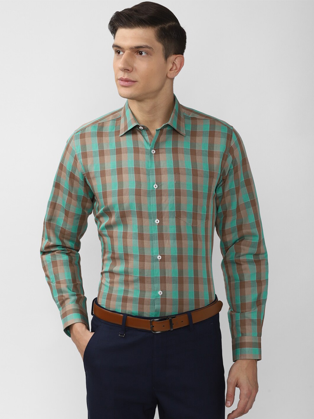 

Van Heusen Men Green Checked Formal Long sleeve Shirt