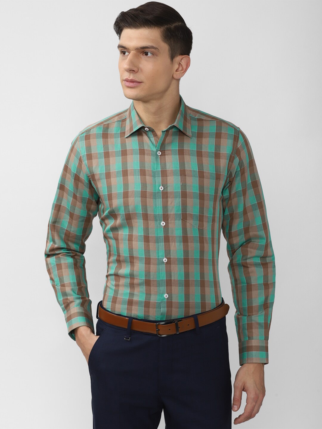 

Van Heusen Men Green Checked Formal Long sleeve Shirt
