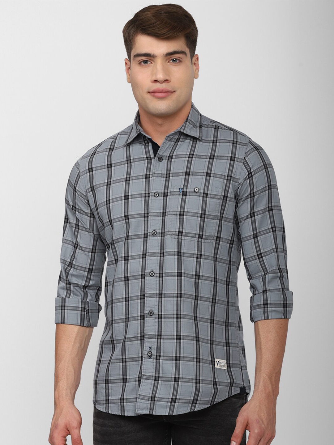 

VAN HEUSEN DENIM LABS Men Grey Slim Fit Tartan Checked Casual Shirt