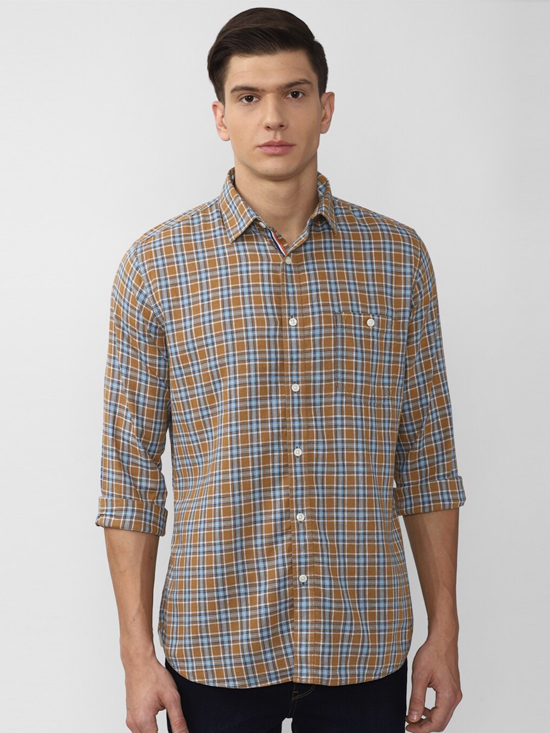 

Van Heusen Sport Men Khaki and Blue Slim Fit Checked Casual Shirt