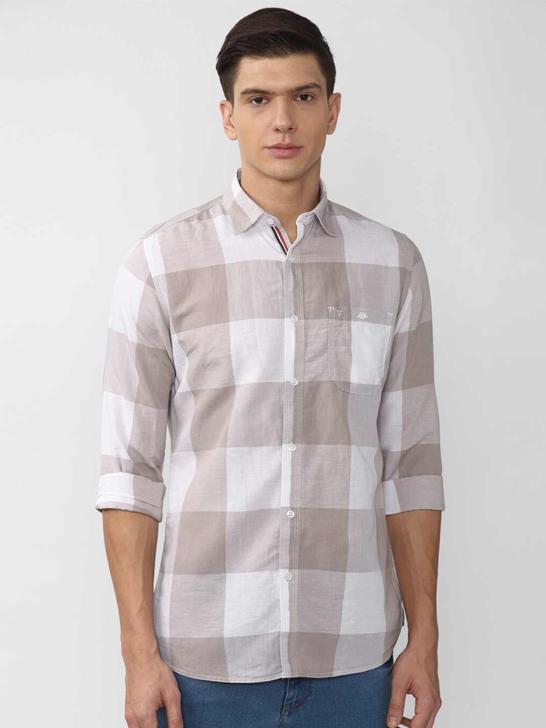 

Van Heusen Sport Men Brown and White Slim Fit Windowpane Checks Checked Casual Shirt