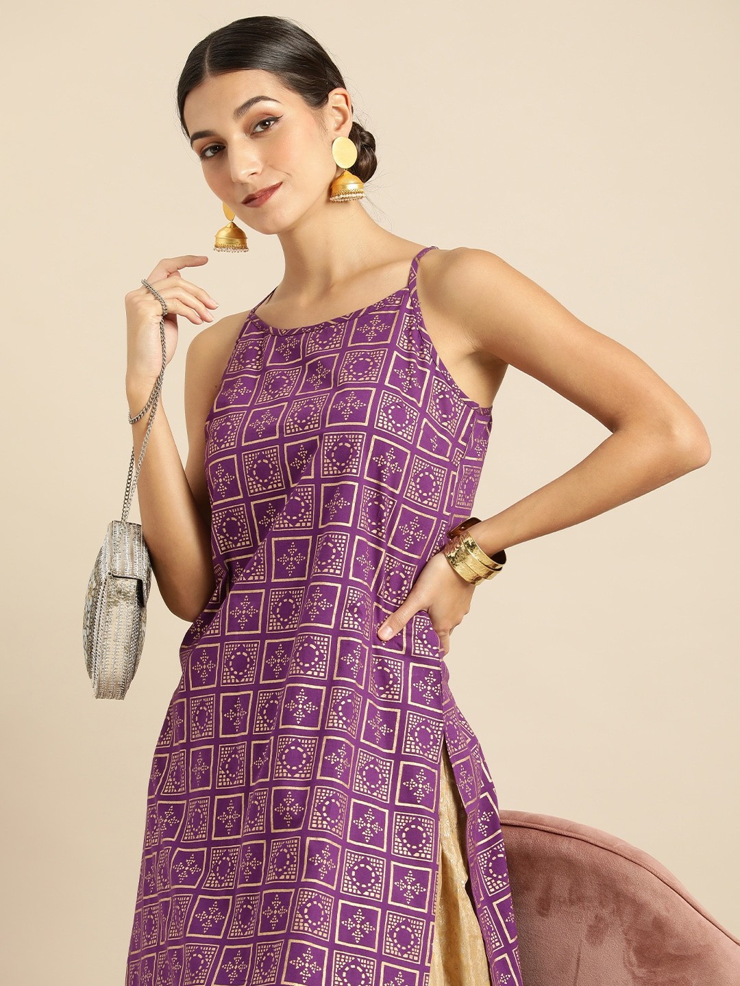 

Anouk Women Purple & Gold-Toned Ethnic Motifs Foil Printed Kurta